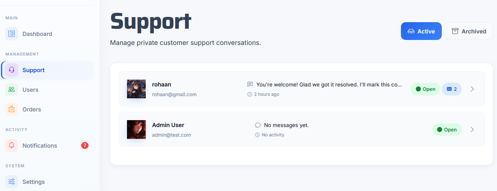 Customer support management dashboard