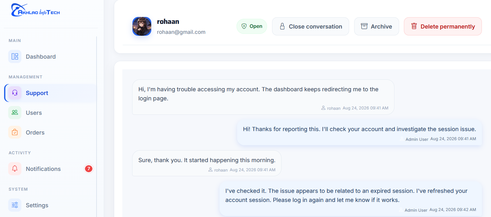 Realtime customer support chat